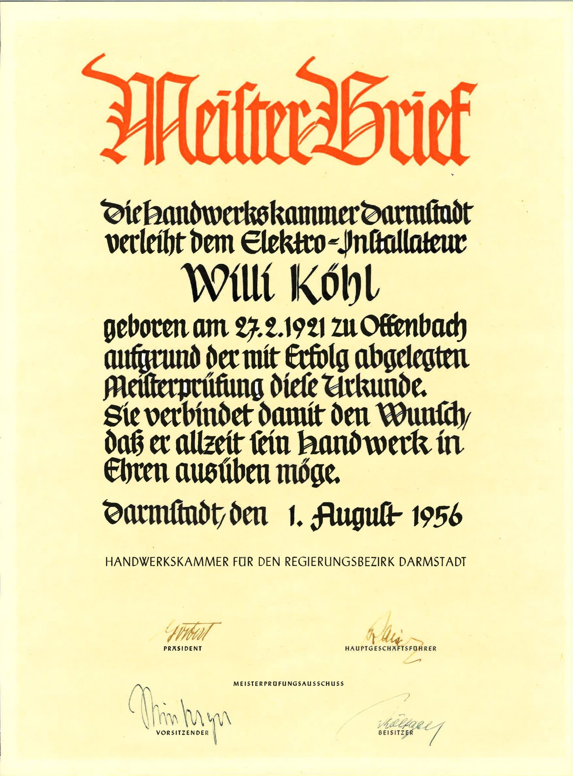 Meisterbrief von Willi Köhl, ausgestellt am 1. August 1956