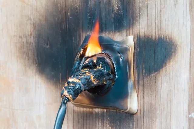 Verschmorte Steckdose mit Flamme als Beispiel für einen Elektro-Defekt