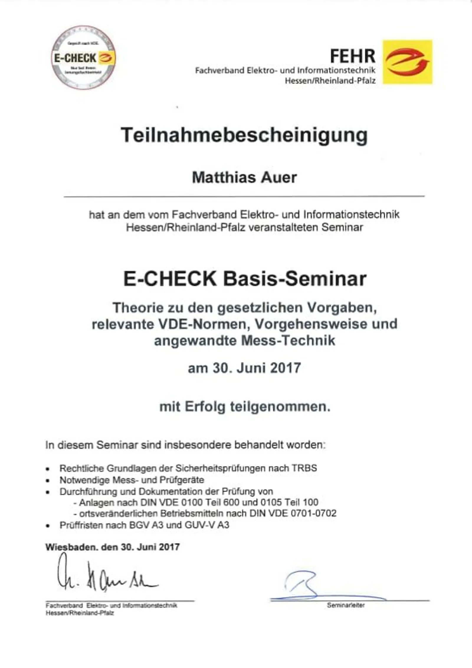 Teilnahmebescheinigung E-CHECK Basis-Seminar, 30. Juni 2017