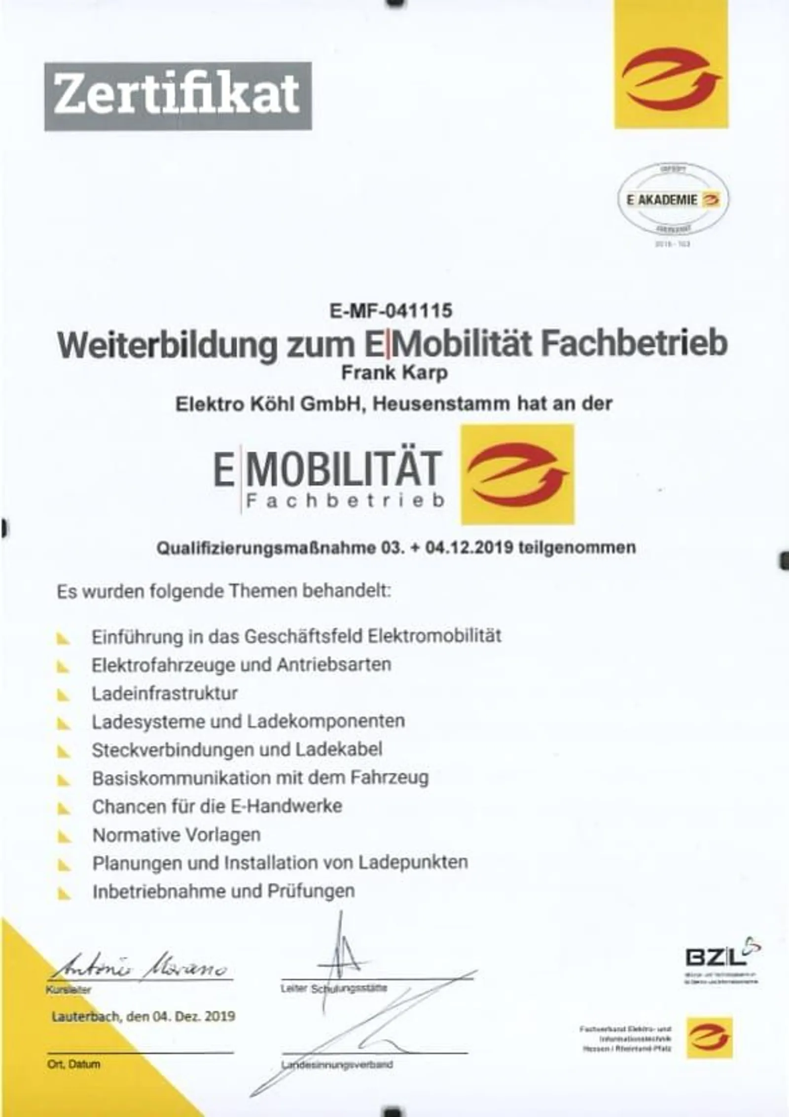 Zertifikat Weiterbildung zum E-Mobilität Fachbetrieb, 2019