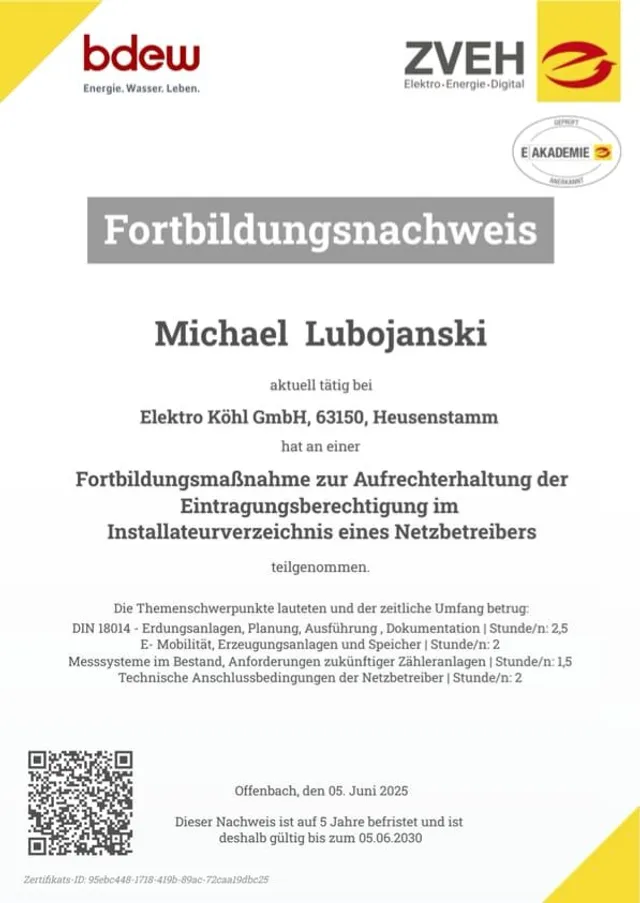 Fortbildungsnachweis zum Installateurverzeichnis eines Netzbetreibers